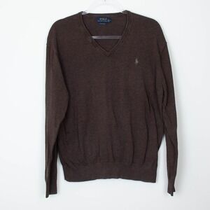 Polo Ralph Lauren Mens V-Neck Sweater L Heathered Brown Pima Cotton Pony Logo